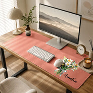 Back To School, Teacher, Cozy, Icon - Pretty Birth Month Flower & Name Gift For Her Teachers Friends Coworkers - Personalized Leather Desk Mat