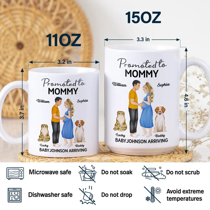 New Dad,New baby,New Mom,Happy - Promoted To Mommy & Daddy Baby Arriving - Personalized White Edge-to-Edge Mug