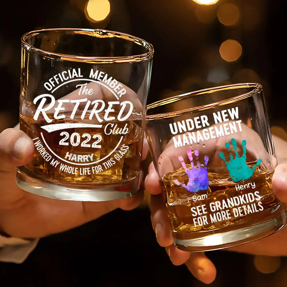 Retirement,Gift For Father,Gift For Grandpa,Non-Eng,Icon,Humorous - Proud Member Of The Retired Club Under New Management - Personalized Whiskey Glass