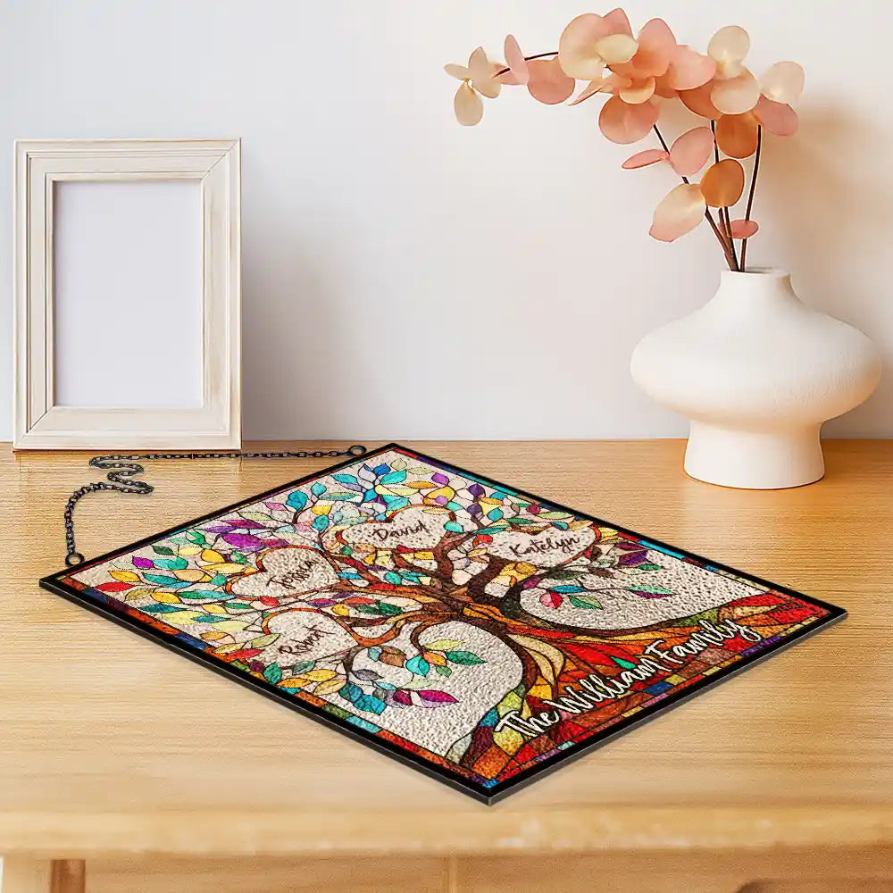 Family,Gift For Mother,Gift For Father,Gift For Grandma,Gift For Grandpa,Grandma - Grandkids,Grandpa - Grandkids,Icon,Grateful - Family Unbreakable Bond Tree Of Life - Personalized Vertical Stained Glass Suncatcher