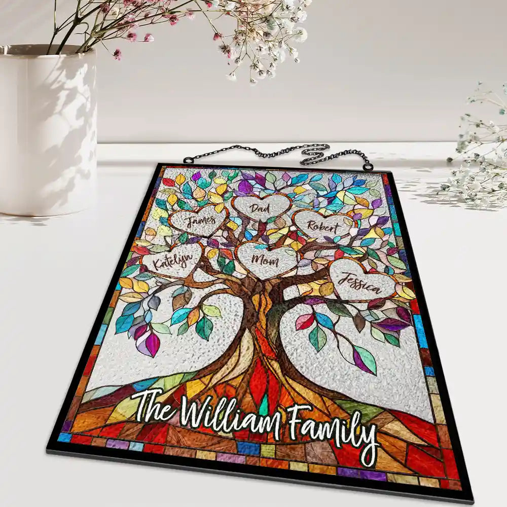 Family,Gift For Mother,Gift For Father,Gift For Grandma,Gift For Grandpa,Grandma - Grandkids,Grandpa - Grandkids,Icon,Grateful - Family Unbreakable Bond Tree Of Life - Personalized Vertical Stained Glass Suncatcher