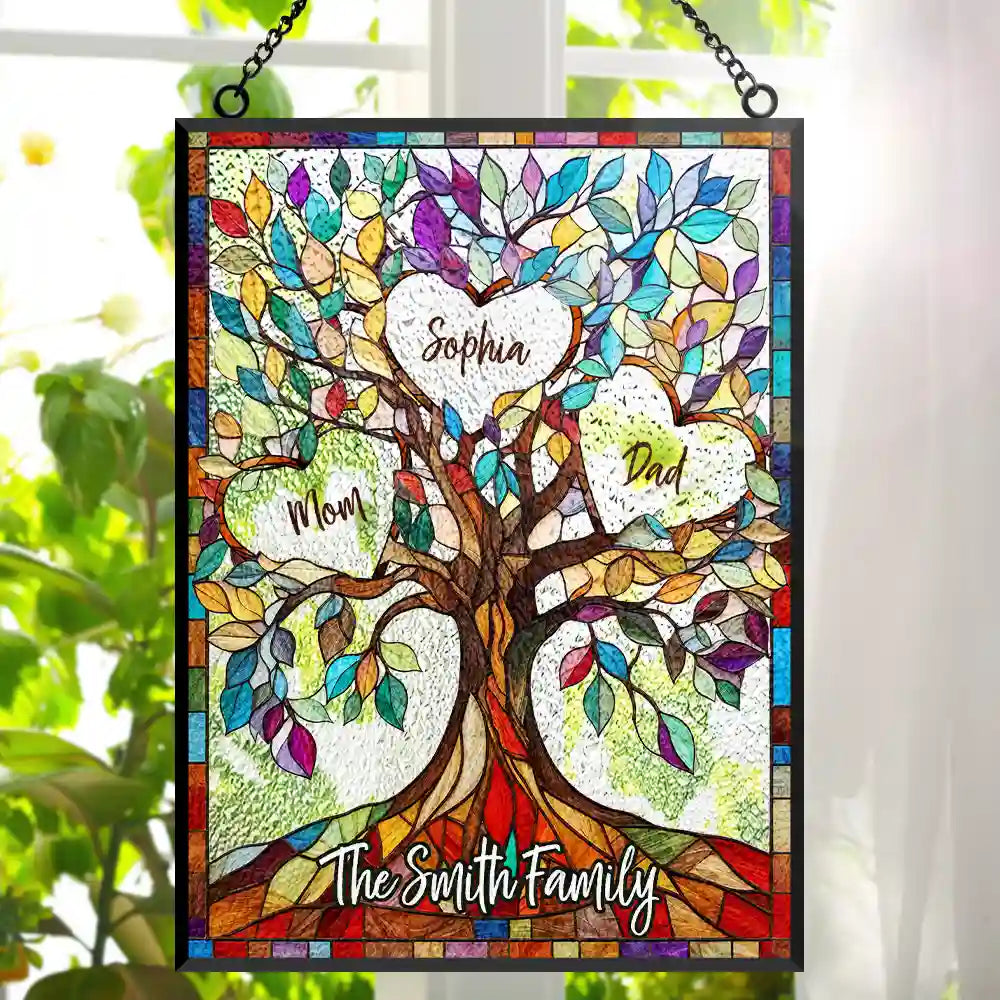 Family,Gift For Mother,Gift For Father,Gift For Grandma,Gift For Grandpa,Grandma - Grandkids,Grandpa - Grandkids,Icon,Grateful - Family Unbreakable Bond Tree Of Life - Personalized Vertical Stained Glass Suncatcher