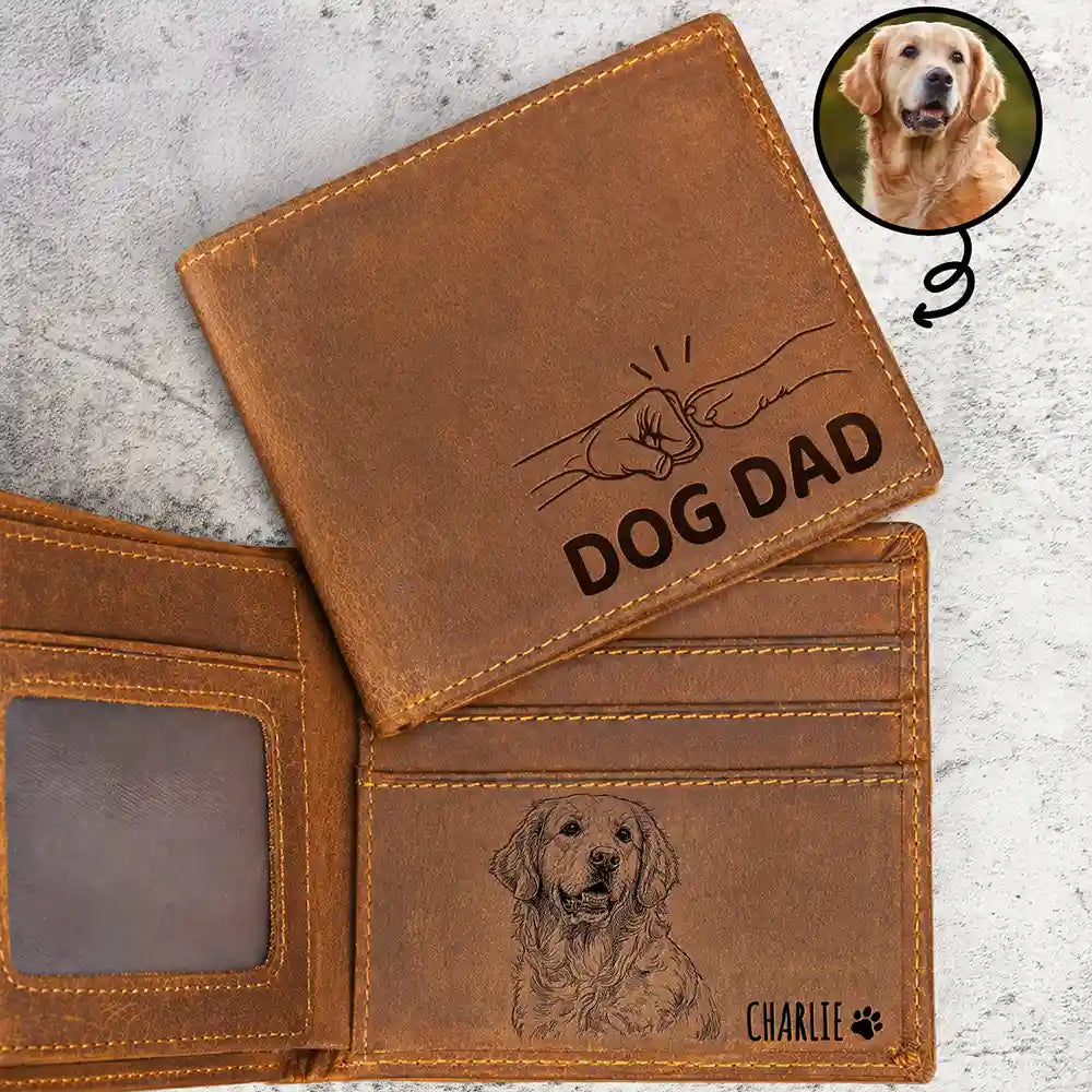 Pet Lovers,Pet Mom,Pet Dad,Dog Lovers,Dog Mom,Dog Dad,Cat Lovers,Cat Mom,Cat Dad,Non-Eng,Photo - Pencil Sketch,Adorable - Custom Photo Pencil Sketch Dog Dad Cat Dad - Personalized Engraved Leather Wallet