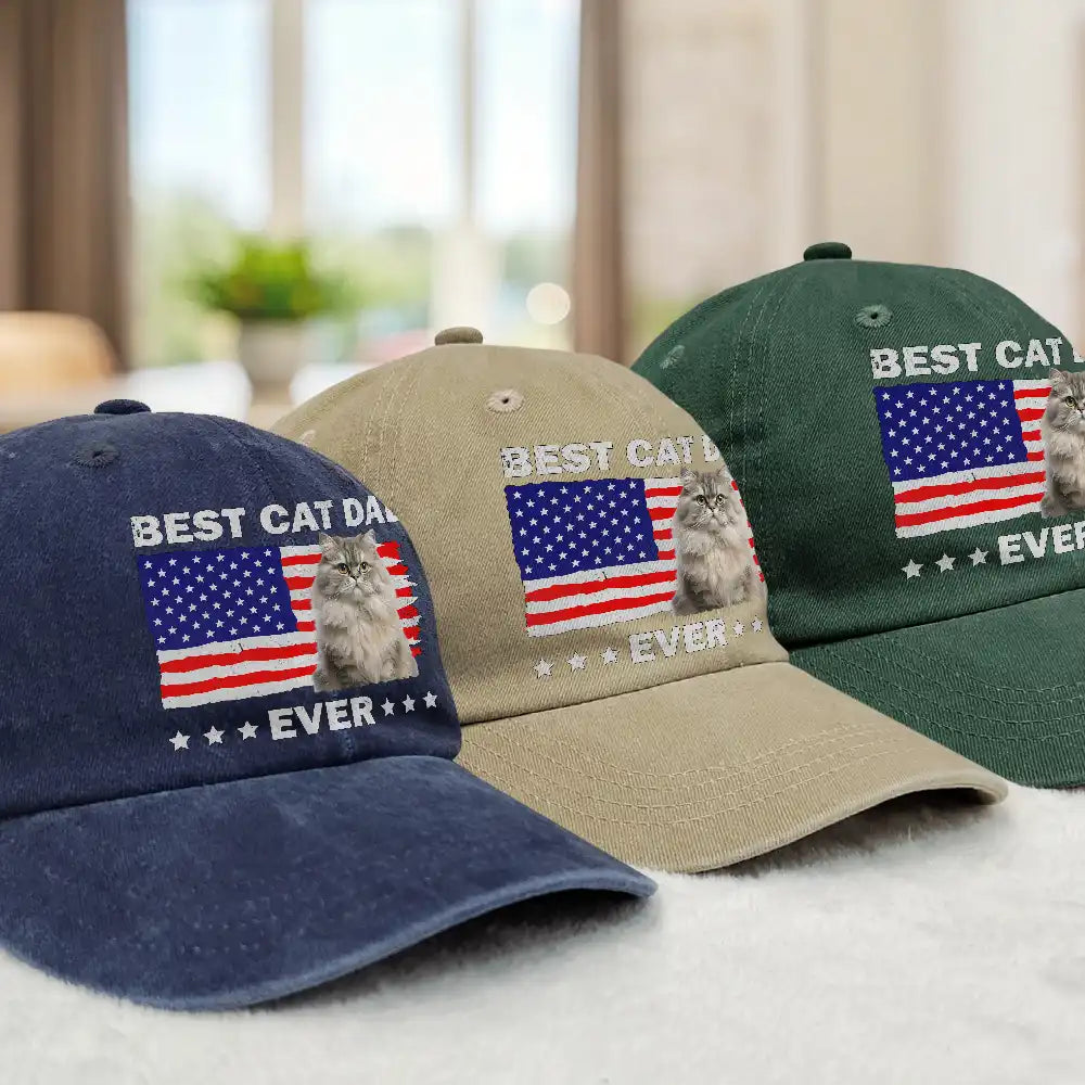 Independence Day,Pet Lovers,Pet Dad,Cat Lovers,Cat Dad,Dog Lovers,Dog Dad,Photo,Proud - Custom Photo Stars & Stripes Best Dog Dad Ever - Personalized Vintage Washed Denim Cap