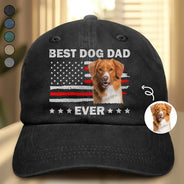 Independence Day,Pet Lovers,Pet Dad,Cat Lovers,Cat Dad,Dog Lovers,Dog Dad,Photo,Proud - Custom Photo Stars & Stripes Best Dog Dad Ever - Personalized Vintage Washed Denim Cap