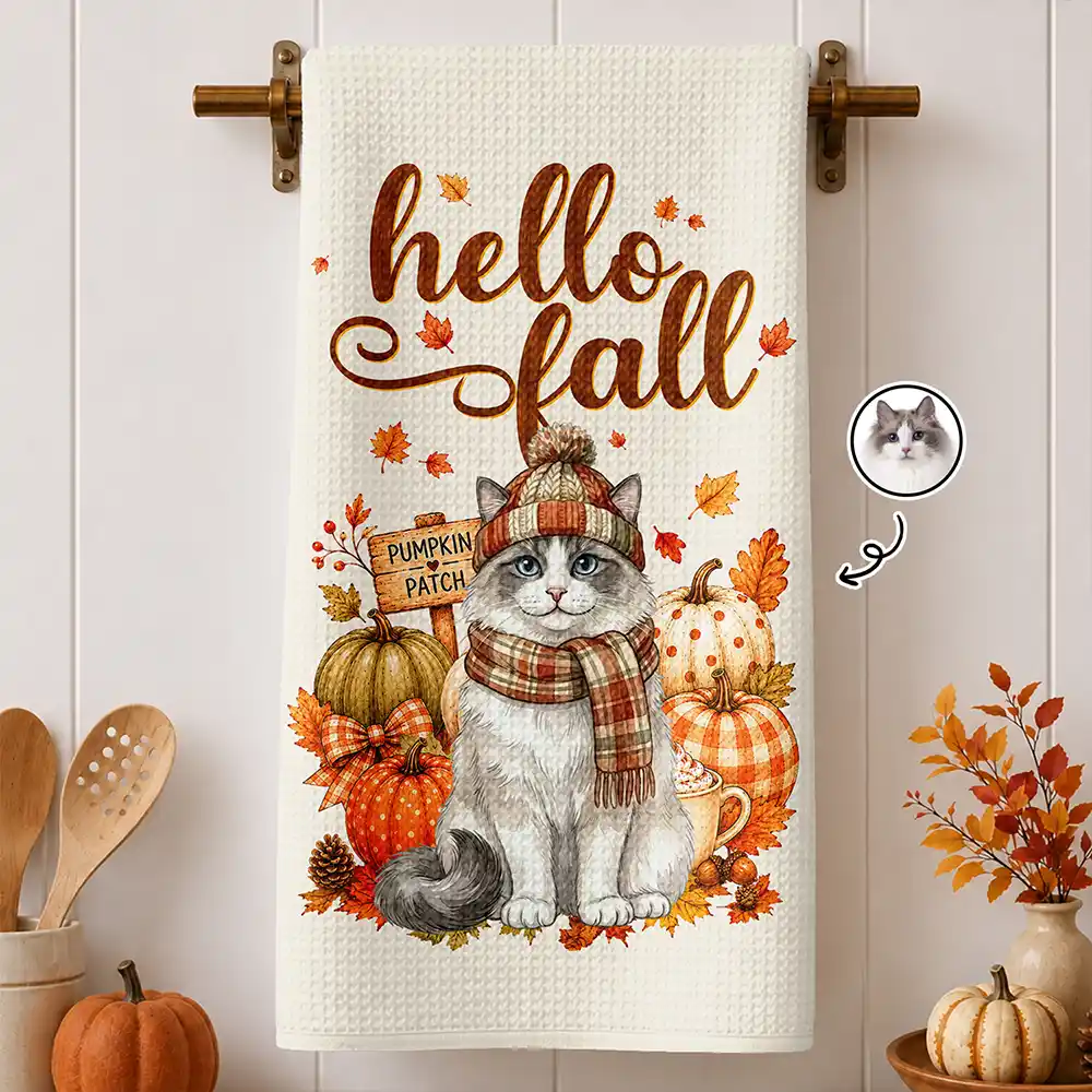 Adorable,Art Design,Pet Lovers,Photo - Autumn Theme Pet - Custom Photo Watercolor Pet With Autumn Accessories Hello Fall Dog Cat Portrait - Personalized Kitchen Towel