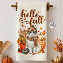 Adorable,Art Design,Pet Lovers,Photo - Autumn Theme Pet - Custom Photo Watercolor Pet With Autumn Accessories Hello Fall Dog Cat Portrait - Personalized Kitchen Towel