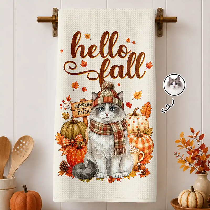 Adorable,Art Design,Pet Lovers,Photo - Autumn Theme Pet - Custom Photo Watercolor Pet With Autumn Accessories Hello Fall Dog Cat Portrait - Personalized Kitchen Towel