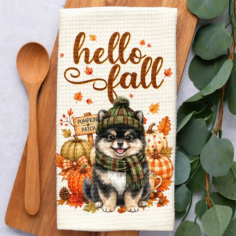 Adorable,Art Design,Pet Lovers,Photo - Autumn Theme Pet - Custom Photo Watercolor Pet With Autumn Accessories Hello Fall Dog Cat Portrait - Personalized Kitchen Towel