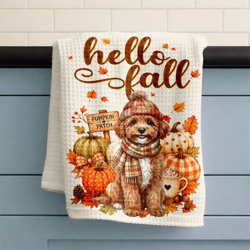 Adorable,Art Design,Pet Lovers,Photo - Autumn Theme Pet - Custom Photo Watercolor Pet With Autumn Accessories Hello Fall Dog Cat Portrait - Personalized Kitchen Towel