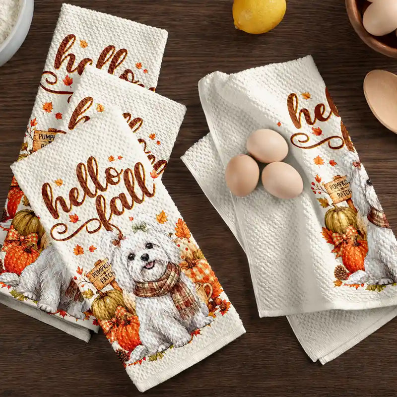 Adorable,Art Design,Pet Lovers,Photo - Autumn Theme Pet - Custom Photo Watercolor Pet With Autumn Accessories Hello Fall Dog Cat Portrait - Personalized Kitchen Towel