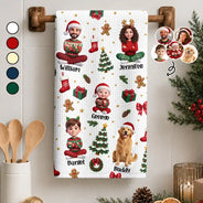 Art Design,Christmas,Custom Photo,Family,Happy,Photo - Christmas Accessories 3D Human - Christmas Kitchen Decor Gift For Mom Grandma - Personalized Custom Photo Cartoon Family Kitchen Towel