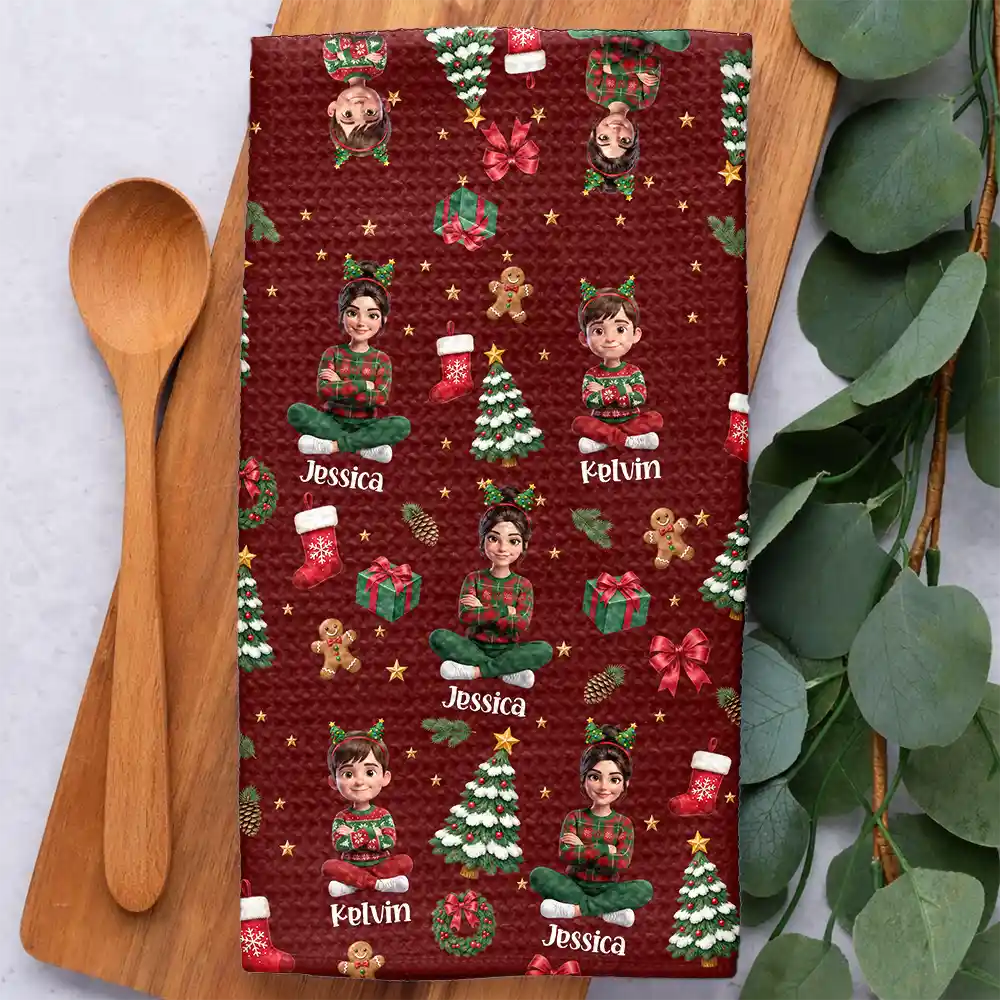 Art Design,Christmas,Custom Photo,Family,Happy,Photo - Christmas Accessories 3D Human - Christmas Kitchen Decor Gift For Mom Grandma - Personalized Custom Photo Cartoon Family Kitchen Towel