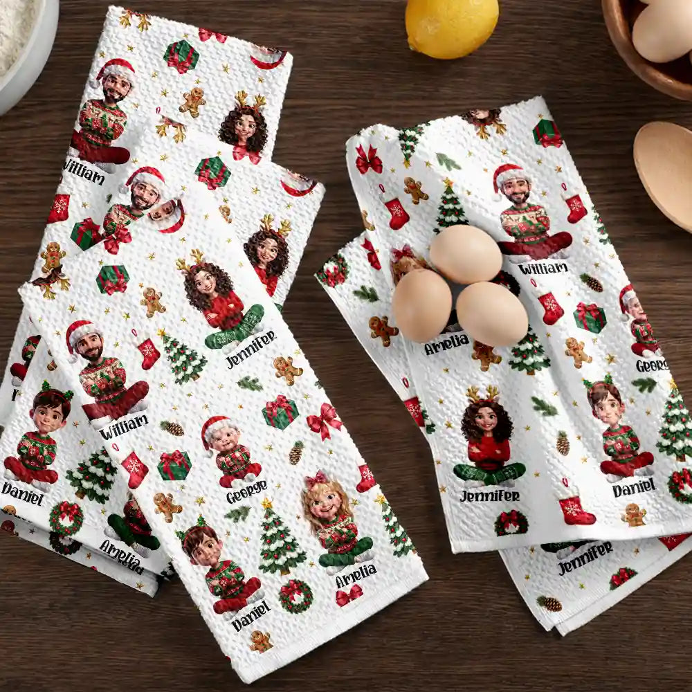 Art Design,Christmas,Custom Photo,Family,Happy,Photo - Christmas Accessories 3D Human - Christmas Kitchen Decor Gift For Mom Grandma - Personalized Custom Photo Cartoon Family Kitchen Towel