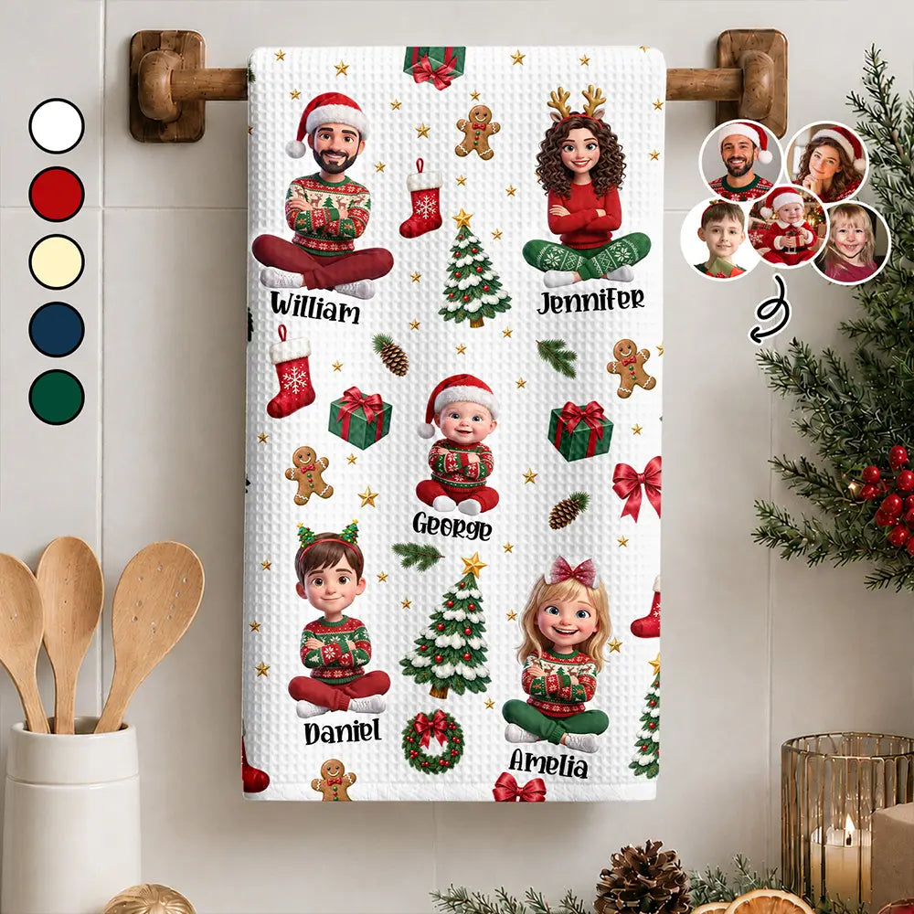 Art Design,Christmas,Custom Photo,Family,Happy,Photo - Christmas Accessories 3D Human - Christmas Kitchen Decor Gift For Mom Grandma - Personalized Custom Photo Cartoon Family Kitchen Towel