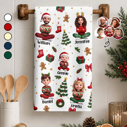 Christmas Kitchen Decor Gift For Mom Grandma - Personalized Custom Photo Cartoon Family Kitchen Towel
