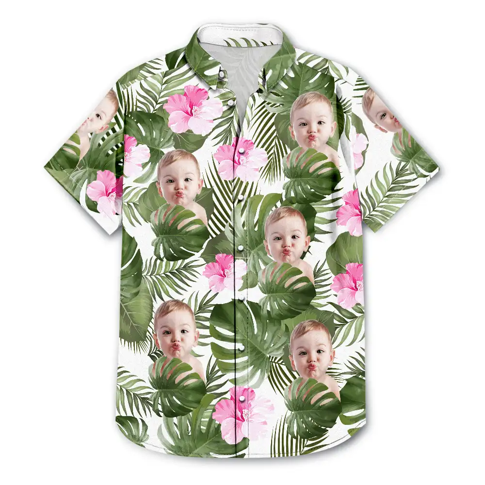 Custom Photo,Summer,Gift For Women,Gift For Men,Gift For Father,Happy,Non-Eng,Photo,Playful - Custom Photo Tropical Leaves Funny Family Pet Face - Personalised Hawaiian Shirt