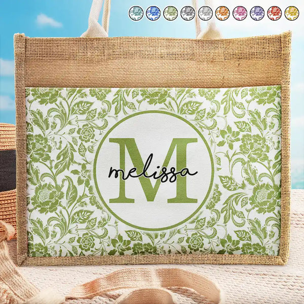 Monogram Floral Pattern Custom - Personalized Jute Tote Bag