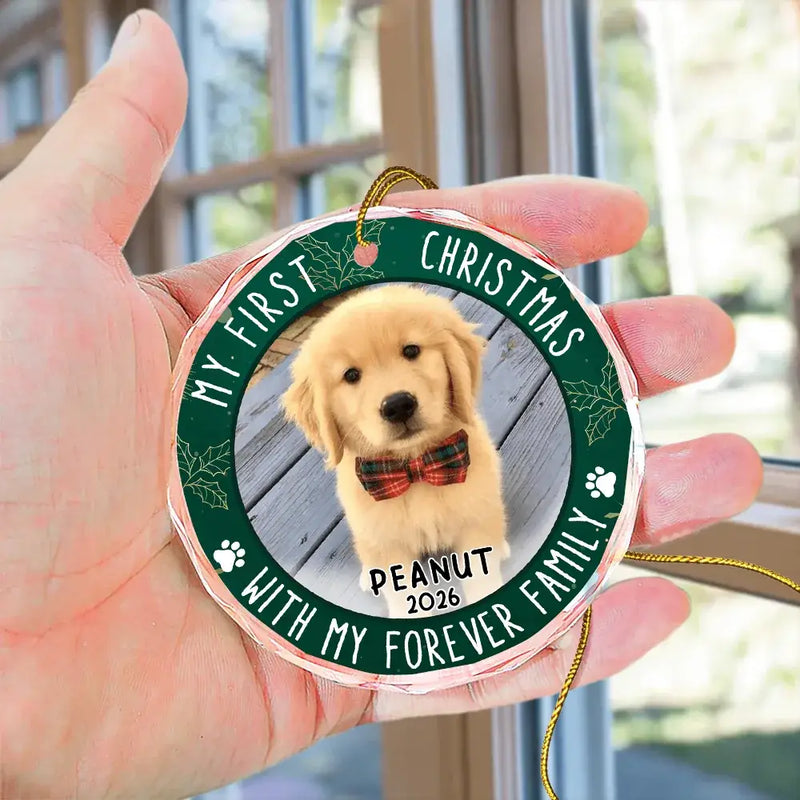 Custom Photo First Christmas Pet Lovers - Personalized Circle Glass Ornament