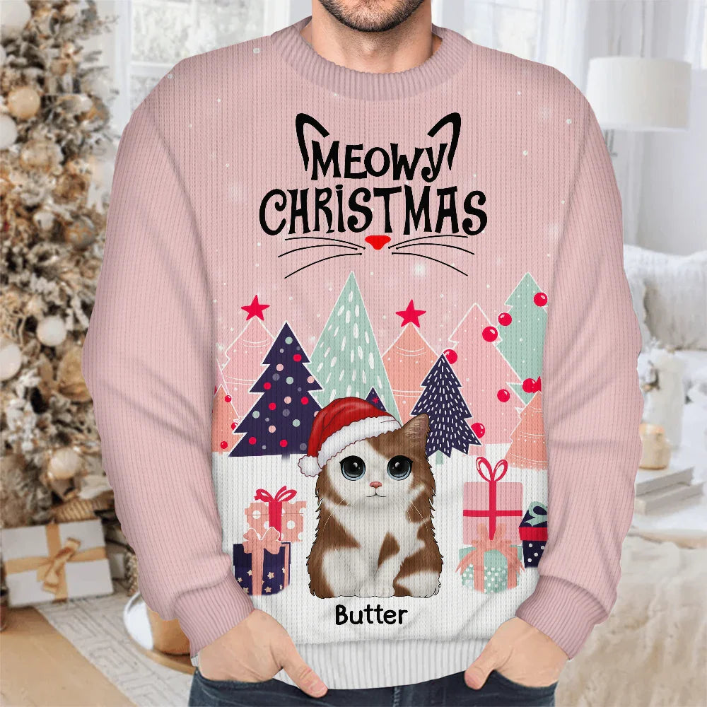 Cat Lovers - Meowy Catmas Cute Cats With Big Eyes - Personalized Unisex Ugly Sweater
