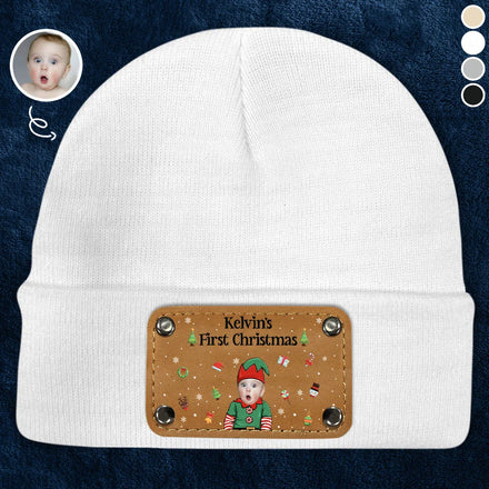 Custom Photo Baby's First Christmas - Personalized Beanie With Leather Patch
