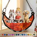 Dog Lovers,Dog Mom,Pet Lovers,Happy - 3D Cartoon Dog And Women Sit On The Moon - Personalized Window Hanging Suncatcher Ornament