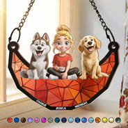 Dog Lovers,Dog Mom,Pet Lovers,Happy - 3D Cartoon Dog And Women Sit On The Moon - Personalized Window Hanging Suncatcher Ornament