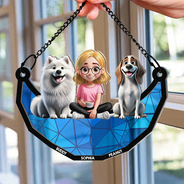 Dog Lovers,Dog Mom,Pet Lovers,Happy - 3D Cartoon Dog And Women Sit On The Moon - Personalized Window Hanging Suncatcher Ornament