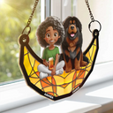 Dog Lovers,Dog Mom,Pet Lovers,Happy - 3D Cartoon Dog And Women Sit On The Moon - Personalized Window Hanging Suncatcher Ornament