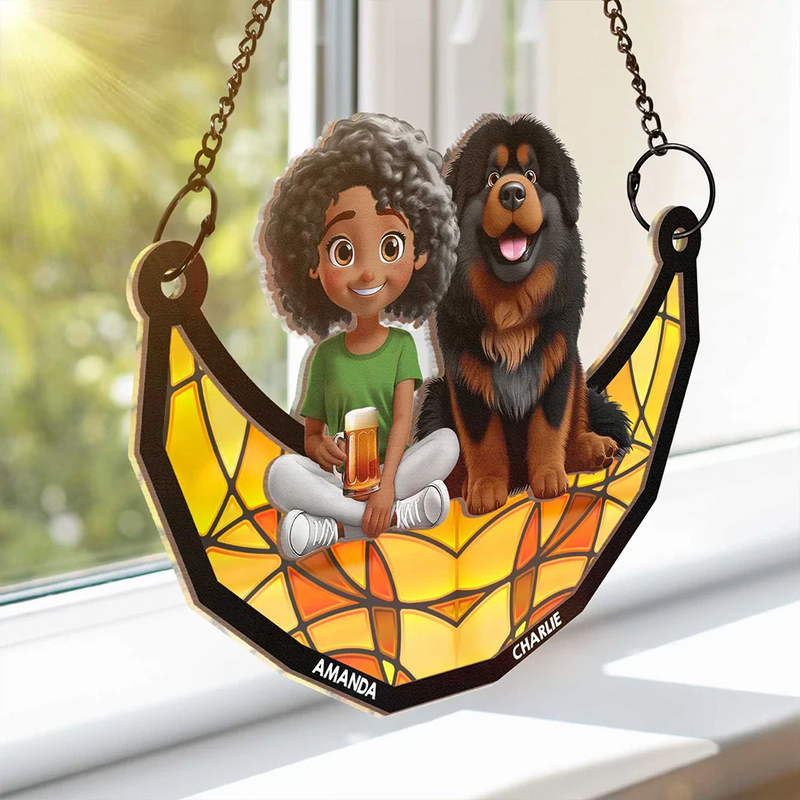Dog Lovers,Dog Mom,Pet Lovers,Happy - 3D Cartoon Dog And Women Sit On The Moon - Personalized Window Hanging Suncatcher Ornament