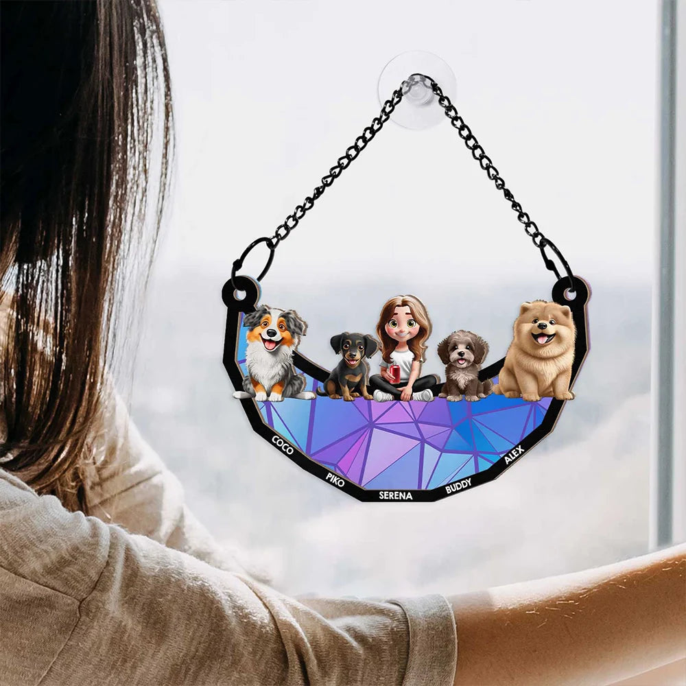 Dog Lovers,Dog Mom,Pet Lovers,Happy - 3D Cartoon Dog And Women Sit On The Moon - Personalized Window Hanging Suncatcher Ornament