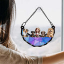 Dog Lovers,Dog Mom,Pet Lovers,Happy - 3D Cartoon Dog And Women Sit On The Moon - Personalized Window Hanging Suncatcher Ornament