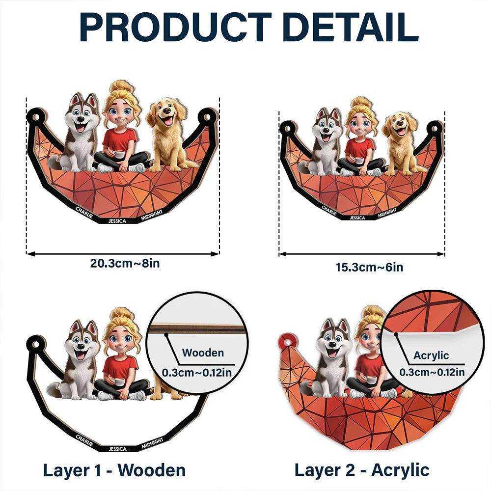 Dog Lovers,Dog Mom,Pet Lovers,Happy - 3D Cartoon Dog And Women Sit On The Moon - Personalized Window Hanging Suncatcher Ornament