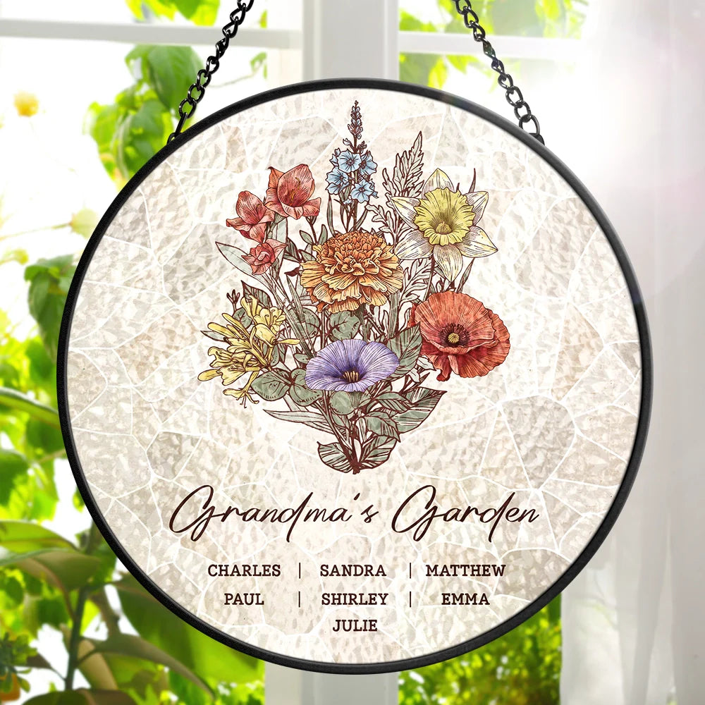 Love,Family,Gift For Mother,Gift For Grandma,Gift For Wife - Grandma's Garden Family Birth Flower - Personalized Stained Glass Window Hanging Suncatcher