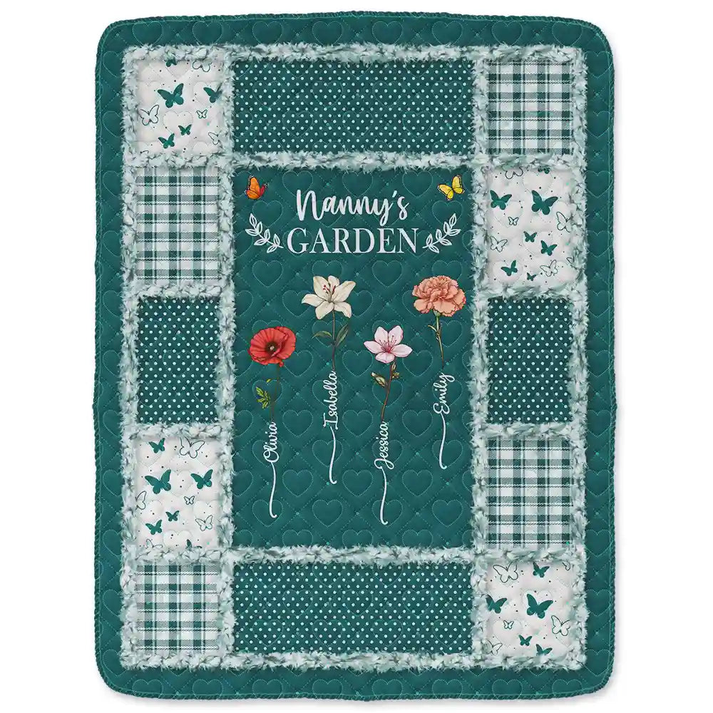 Gift For Mother,Gift For Grandma,Love,Gift For Women - Quilt Pattern Birth Month Flower Grandmas Garden - Personalized Fleece Blanket, Sherpa Blanket