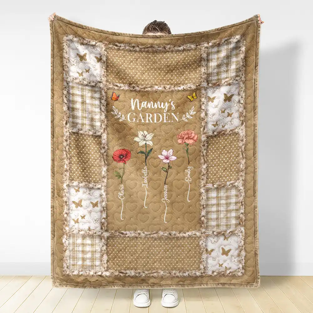 Gift For Mother,Gift For Grandma,Love,Gift For Women - Quilt Pattern Birth Month Flower Grandmas Garden - Personalized Fleece Blanket, Sherpa Blanket