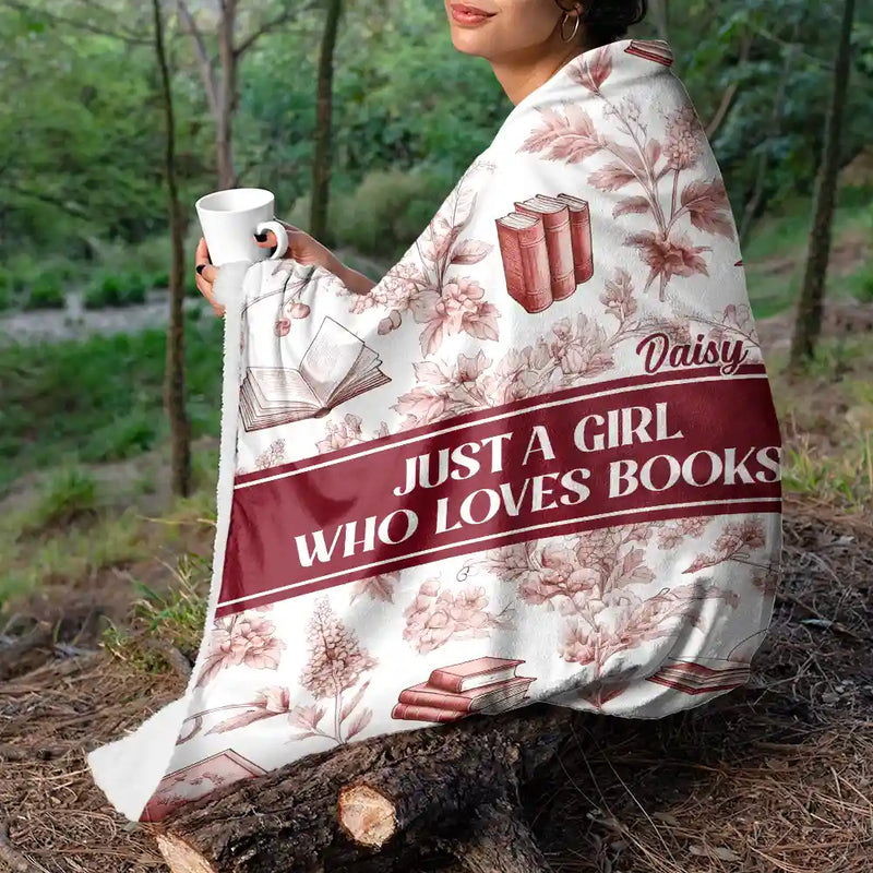 Reading, Gift For Yourself, Gift For Women, Happy - Reading Toile De Jouy Style Just A Girl Who Loves Books - Personalized Fleece Blanket, Sherpa Blanket