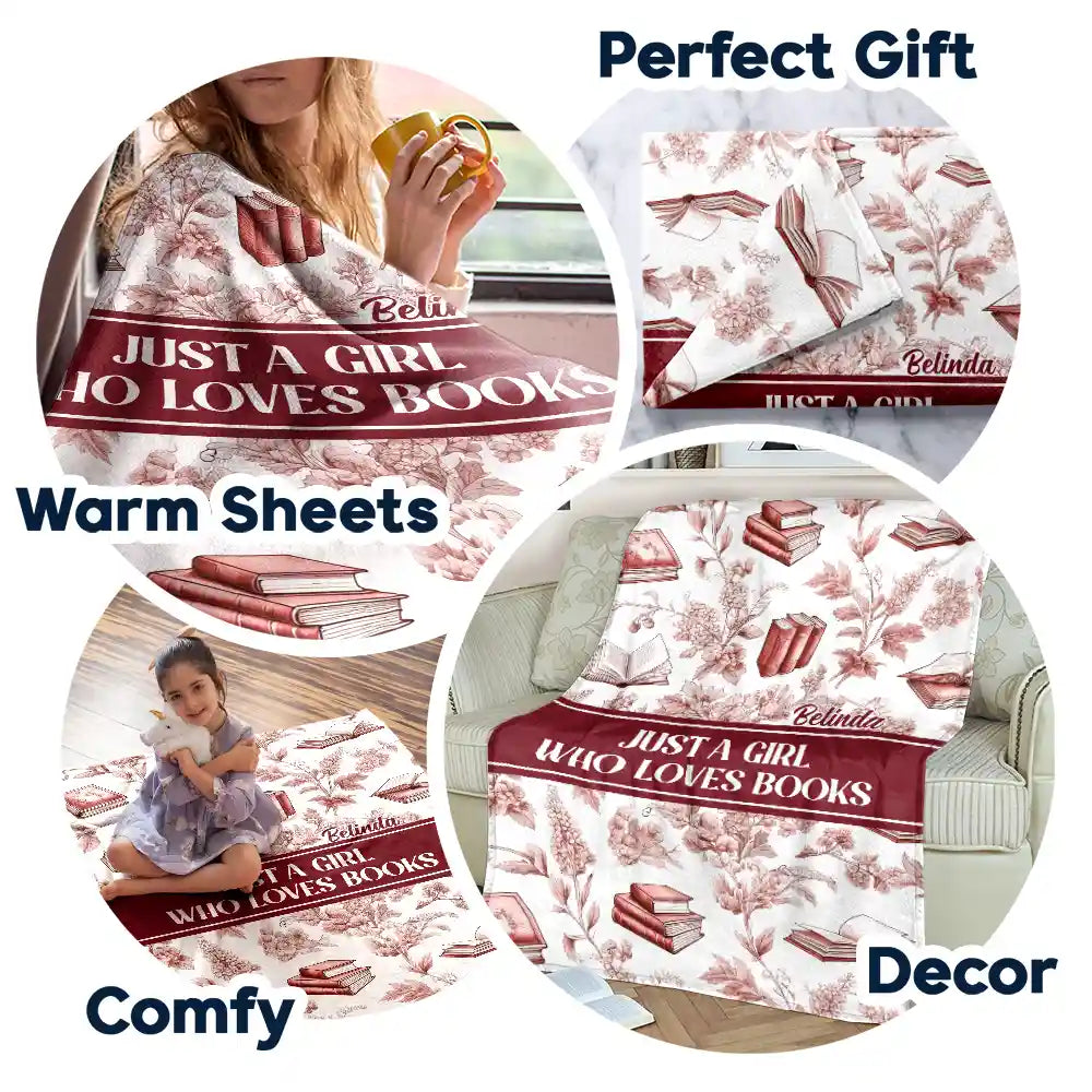 Reading, Gift For Yourself, Gift For Women, Happy - Reading Toile De Jouy Style Just A Girl Who Loves Books - Personalized Fleece Blanket, Sherpa Blanket