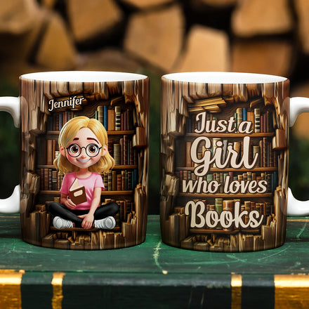 Reading 3D Effect Girl Who Loves Books - Personalized White Edge-to-Edge Mug