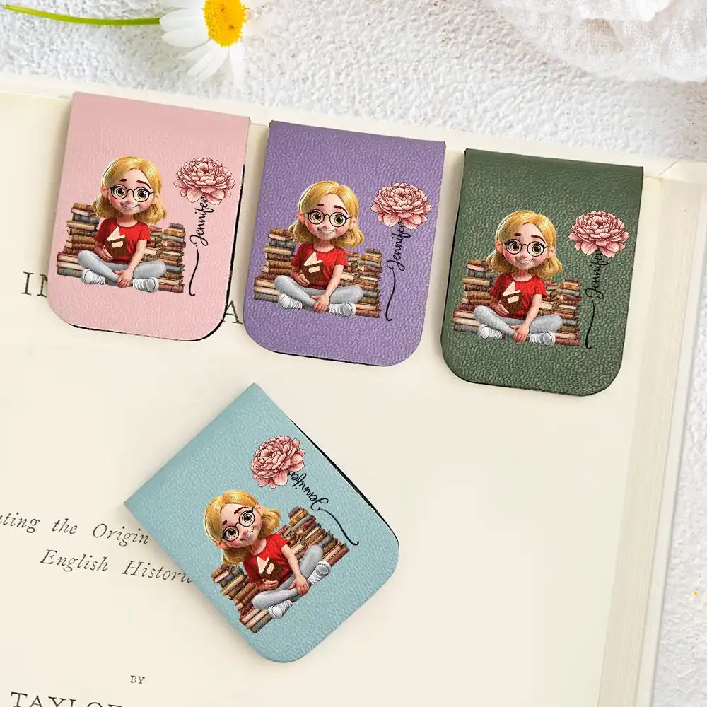 Reading,Gift For Yourself,Happy - Reading Girl With Birth Month Flower - Personalized Leather Magnetic Bookmark