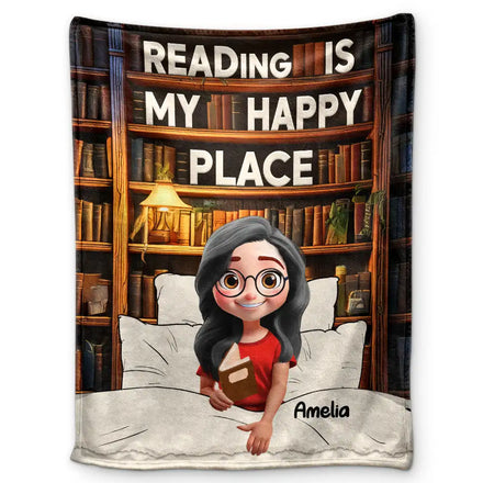 Reading Is My Happy Place - Personalized Fleece Blanket, Sherpa Blanket