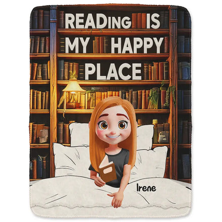 Reading Is My Happy Place - Personalized Fleece Blanket, Sherpa Blanket