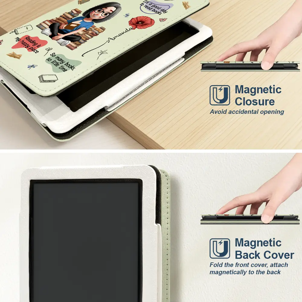Christmas,Cozy,Reading,Gift For Yourself,Vector - Reading Is My Happy Place - Personalized Kindle Paperwhite Case Kickstand