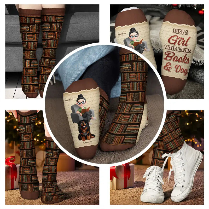 Reading,Gift For Women,Pet Mom,Cat Mom,Dog Mom,Happy,Top Market - Reading Just A Girl Who Loves Books & Dogs Cats 3D Effect - Personalized Socks