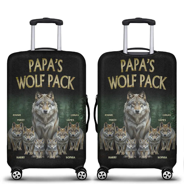Gift For Grandpa,Happy,Travel - Realistic Art Papa Dad Wolf Pack - Personalized Luggage Cover