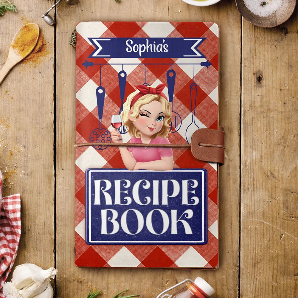 Gift For Yourself,Gift For Women,Cooking,Happy - Recipe Cookbook 3D Effect Turban Woman - Personalized Leather Vintage Journal