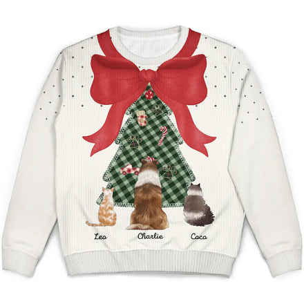 Red Bow Christmas Tree For Dog Cat Lovers - Personalized Unisex Ugly Sweater