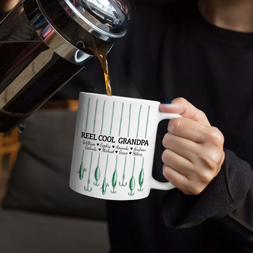 Gift For Grandpa,Grandpa - Grandkids,Gift For Father,Fishing,Icon,Adorable - Reel Cool Dad Grandpa - Personalized White Edge-to-Edge Mug