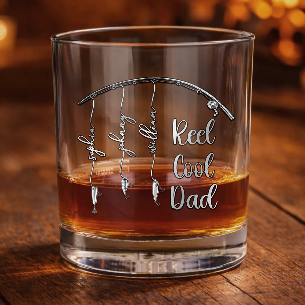 Gift For Father,Gift For Grandpa,Fishing,Non-Eng,Icon,Proud - Reel Cool Dad Grandpa - Personalized Whiskey Glass