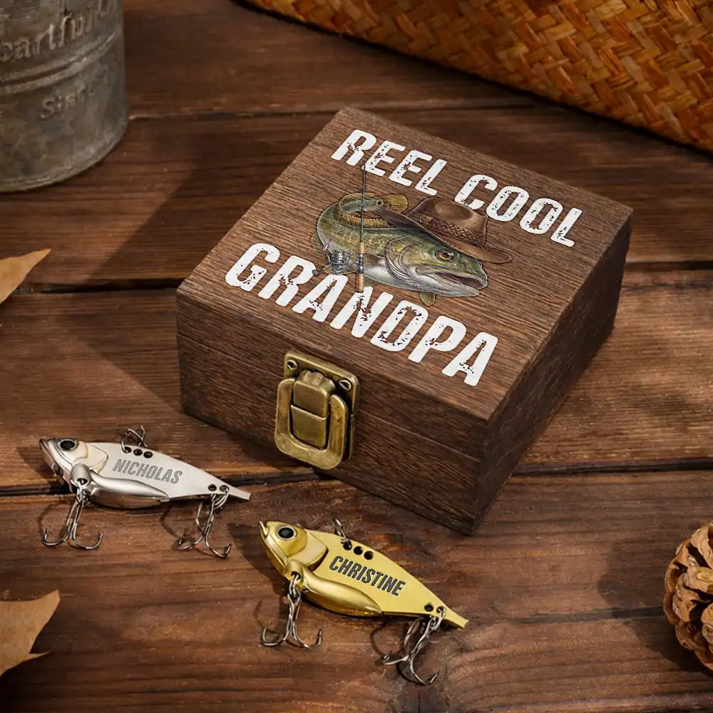 Gift For Men,Gift For Grandpa,Gift For Father,Fishing,Icon,Grateful - Reel Cool Dad Grandpa Fisherman - Personalized Metal Fish Lure Set